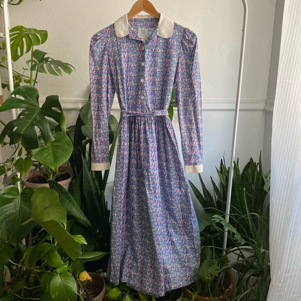 VTG Laura Ashley Blue Floral Print Button Down Dress Cottagecore Prairiecore